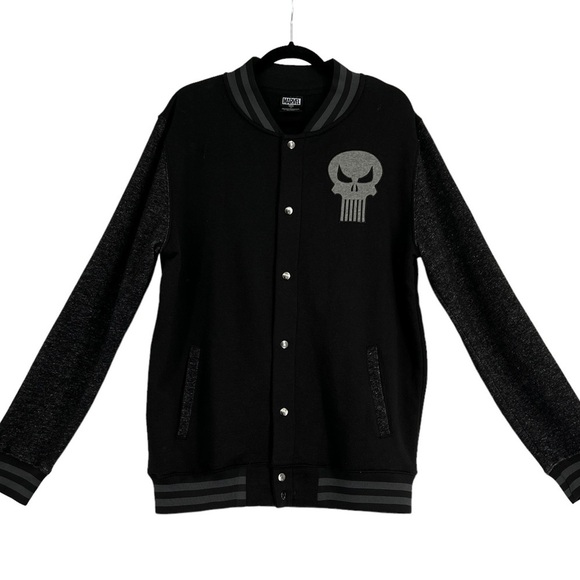 MARVEL Men's Varsity Jacket The Punisher Snap Button Skull Black Gray Size L - Picture 1 of 7